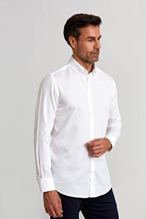 Bisse Modern Fit Paşa Yaka Düğmeli Beyaz Spor Erkek Gömlek GMARS0422301213_D01