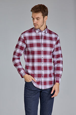 Bisse Modern Fit Paşa Yaka Ekose Bordo Erkek Gömlek GMEKS12300300_D25