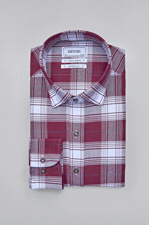 Bisse Modern Fit Paşa Yaka Ekose Bordo Erkek Gömlek GMEKS12300300_D25
