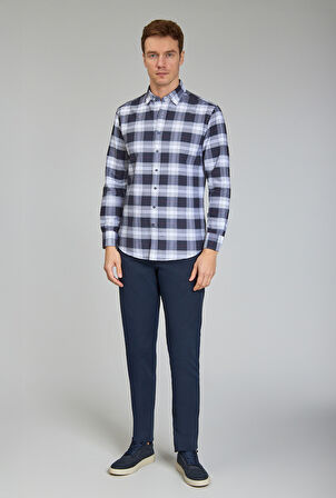 Bisse Modern Fit Paşa Yaka Ekose Lacivert Erkek Gömlek GMEKS12300300_D39