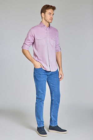 Bisse Yaka Düğmeli Uzun Kollu Regular Fit Mürdüm Erkek Gömlek GMOKA1224003_D23