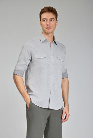Bisse Spor Yaka Uzun Kollu Regular Fit Gri Erkek Gömlek GMKTN3SP224007_D55