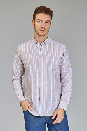 Bisse Paşa Yaka Uzun Kollu Regular Fit Çizgili Kahve Erkek Gömlek GMKTN3PS224008_D11