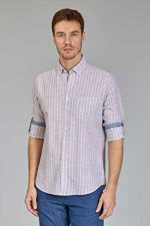 Bisse Paşa Yaka Uzun Kollu Regular Fit Çizgili Kahve Erkek Gömlek GMKTN3PS224008_D11