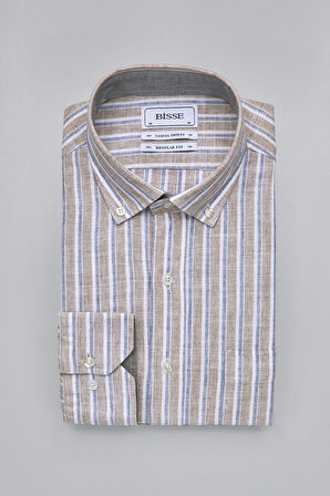 Bisse Paşa Yaka Uzun Kollu Regular Fit Çizgili Kahve Erkek Gömlek GMKTN3PS224008_D11