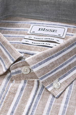 Bisse Paşa Yaka Uzun Kollu Regular Fit Çizgili Kahve Erkek Gömlek GMKTN3PS224008_D11