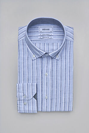 Bisse Paşa Yaka Uzun Kollu Regular Fit Çizgili Açık Mavi Erkek Gömlek GMKTN3PS224008_D35