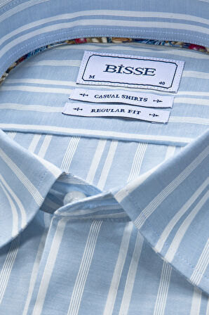 Bisse Spor Yaka Uzun Kollu Regular Fit Çizgili Açık Mavi Erkek Gömlek GMCZG3SP224005_D33
