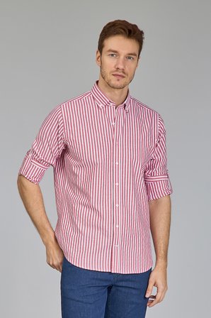 Bisse Paşa Yaka Uzun Kollu Regular Fit Çizgili Kırmızı Erkek Gömlek GMCZG3PS22400002_C24