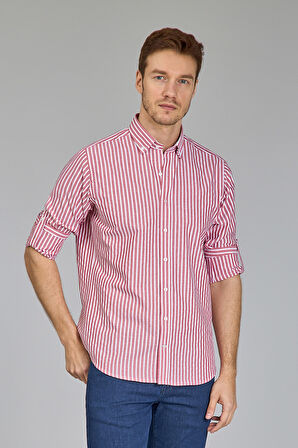 Bisse Paşa Yaka Uzun Kollu Regular Fit Çizgili Kırmızı Erkek Gömlek GMCZG3PS22400002_C24