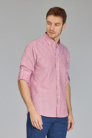 Bisse Paşa Yaka Uzun Kollu Regular Fit Çizgili Kırmızı Erkek Gömlek GMCZG3PS22400002_C24