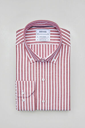Bisse Paşa Yaka Uzun Kollu Regular Fit Çizgili Kırmızı Erkek Gömlek GMCZG3PS22400002_C24