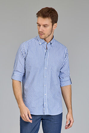 Bisse Paşa Yaka Uzun Kollu Regular Fit Çizgili Mavi Erkek Gömlek GMCZG3PS22400002_C35