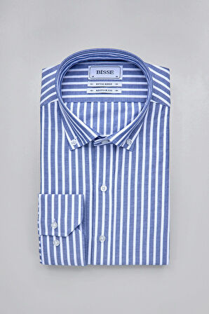 Bisse Paşa Yaka Uzun Kollu Regular Fit Çizgili Mavi Erkek Gömlek GMCZG3PS22400002_C35