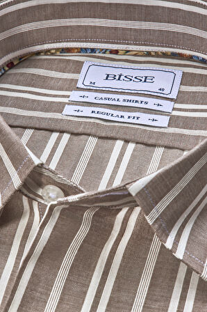 Bisse Spor Yaka Uzun Kollu Regular Fit Çizgili Açık Kahve Erkek Gömlek GMCZG3SP224005_10