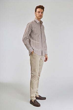 Bisse Spor Yaka Uzun Kollu Regular Fit Çizgili Açık Kahve Erkek Gömlek GMCZG3SP224005_10