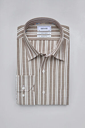 Bisse Spor Yaka Uzun Kollu Regular Fit Çizgili Açık Kahve Erkek Gömlek GMCZG3SP224005_10