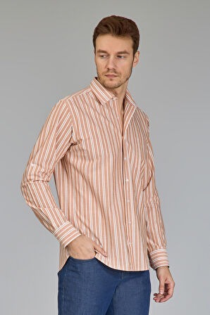 Bisse Regular Fit Spor Yaka Çizgili Somon Erkek Gömlek GMCZG3SP224005_30