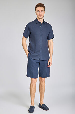 Bisse Birit Yaka Kısa Kollu Regular Fit Lacivert Erkek Gömlek GMKTNA1224013_E39