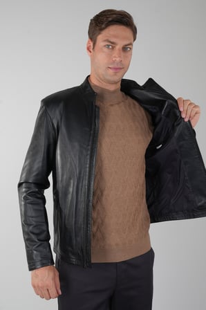 Bisse Siyah Regular Fit Deri Gerçek Ceket Mont DM24K24002_D99