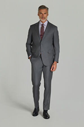 Bisse Comfort Fit 6 Drop Dokuma Mono Yaka Çift Yırtmaçlı Gri Erkek Takım Elbise PTK24KNOS001_D55