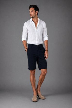 Bisse Indigo Pamuk Keten Lastikli Doğal Bermuda Şort SH25Y25001_D66