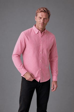 Bisse Pembe Regular Fit Pamuk Keten Uzun Paşa Yaka Gömlek GMKTN250006_C29