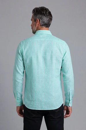 Bisse Yeşil Regular Fit Pamuk Keten Uzun Gömlek GMKTN250002_D47