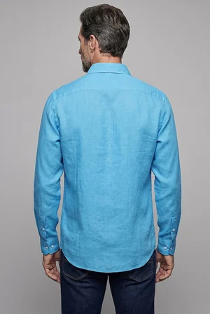 Bisse Mavi Regular Fit Keten Cepsiz Düğmeli Paşa Yaka Sedef Açık Gömlek GMKTN250011_D33