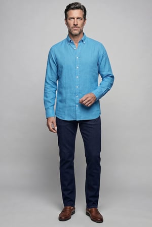 Bisse Mavi Regular Fit Keten Cepsiz Düğmeli Paşa Yaka Sedef Açık Gömlek GMKTN250011_D33