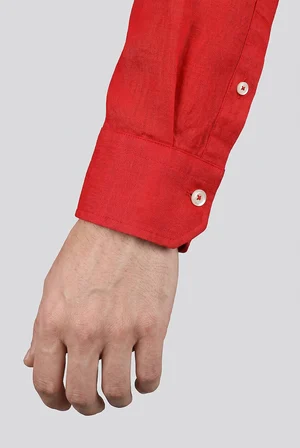 Bisse Kırmızı Regular Fit Keten Cepsiz Düğmeli Paşa Yaka Sedef Gömlek GMKTN250011_D24