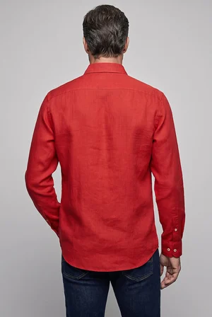 Bisse Kırmızı Regular Fit Keten Cepsiz Düğmeli Paşa Yaka Sedef Gömlek GMKTN250011_D24