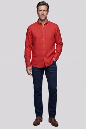 Bisse Kırmızı Regular Fit Keten Cepsiz Düğmeli Paşa Yaka Sedef Gömlek GMKTN250011_D24
