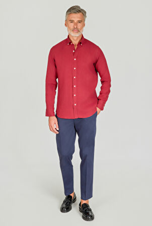 Bisse Regular Fit Paşa Yaka Cepsiz Sedef Düğmeli Bordo Erkek Gömlek GMKTN250011_D25