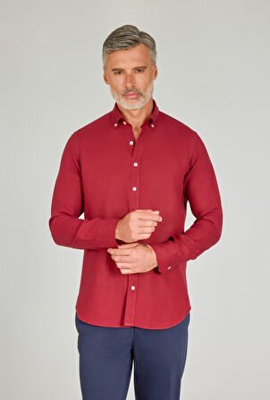 Bisse Regular Fit Paşa Yaka Cepsiz Sedef Düğmeli Bordo Erkek Gömlek GMKTN250011_D25