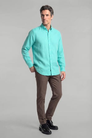 Bisse Yeşil Regular Fit Keten Cepsiz Düğmeli Paşa Yaka Sedef Gömlek GMKTN250011_D46