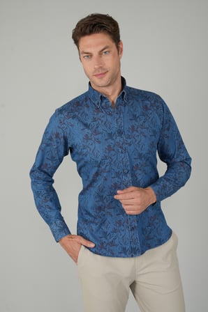 Bisse Erkek Uzun Kollu Spor Yaka Floral Desenli Denim Gömlek GMJEAN252168_D39