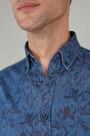 Bisse Erkek Uzun Kollu Spor Yaka Floral Desenli Denim Gömlek GMJEAN252168_D39
