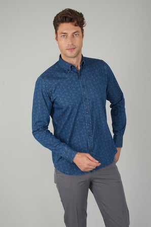 Bisse Uzun Kollu Lacivert Denim Desenli Erkek Gömlek GMJEAN252170_D39
