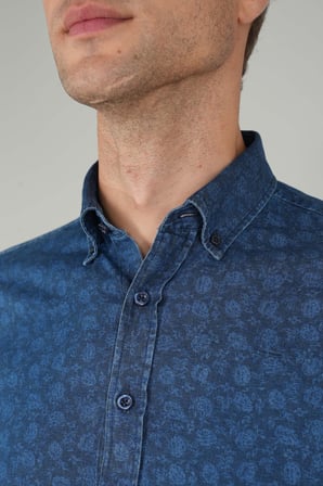 Bisse Uzun Kollu Lacivert Denim Desenli Erkek Gömlek GMJEAN252170_D39
