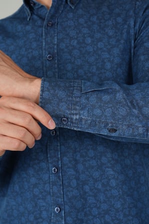 Bisse Uzun Kollu Lacivert Denim Desenli Erkek Gömlek GMJEAN252170_D39