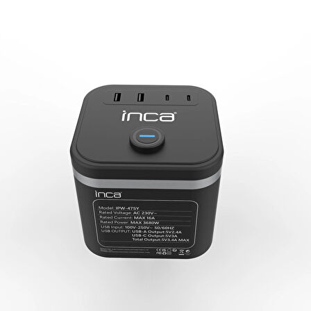 Inca IPW-47SY 3Port 2x USB+2x Type-C Akım Korumalı Led Tuşlu Duvar Priz - Siyah 