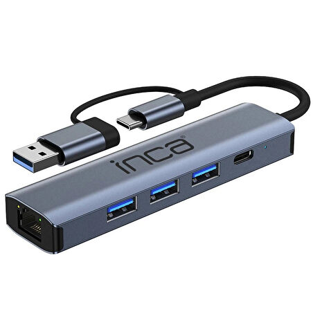 Inca IUTP-5T USB/Type-C Hub X3 USB 3.0 + Type-C+Ethernet RJ45 Çoklayıcı Aluminyum Kasa 