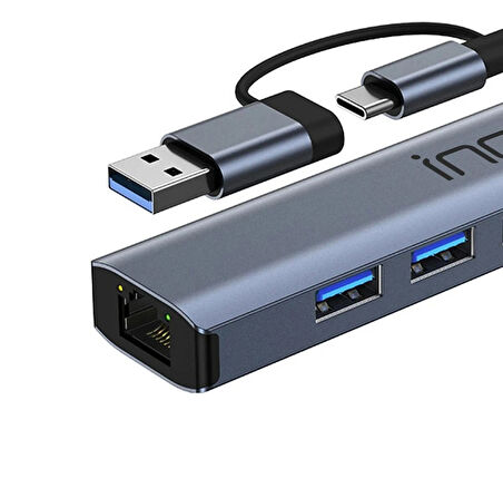 Inca IUTP-5T USB/Type-C Hub X3 USB 3.0 + Type-C+Ethernet RJ45 Çoklayıcı Aluminyum Kasa 