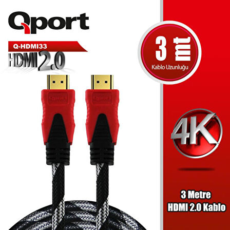 Qport Q-HDMI33  3m 2.0V 4K altın uçlu örgülü kablo