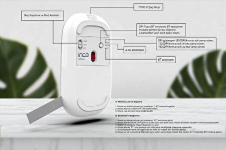 Inca IWM-242K Bluetooth 5.4 + 2.4G Kablosuz Sessiz Optik Mouse | Şarjlı 500mAh Batarya | Çift Modlu Bağlantı | 800-1600 DPI | Manyetik Kapak | Sağ-Sol El Uyumlu | Cat Pattern Tasarım | Windows, Mac, Android Destekli | Type-C Şarjlı