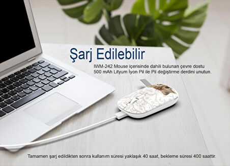 Inca IWM-242K Bluetooth 5.4 + 2.4G Kablosuz Sessiz Optik Mouse | Şarjlı 500mAh Batarya | Çift Modlu Bağlantı | 800-1600 DPI | Manyetik Kapak | Sağ-Sol El Uyumlu | Cat Pattern Tasarım | Windows, Mac, Android Destekli | Type-C Şarjlı