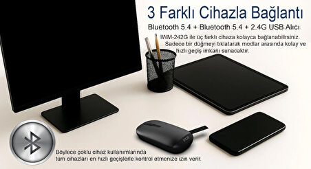 Inca IWM-242S Double Mod Bluetooth 5.4 + 2.4G Wireless Şarjlı Sessiz Mouse | 500mAh Batarya | 800/1200/1600 DPI | Sağ-Sol El Kullanımı | Manyetik Kapak | El Tipi Tasarım | LED Göstergeli | Type-C Şarj | Windows, Mac, Android Uyumlu