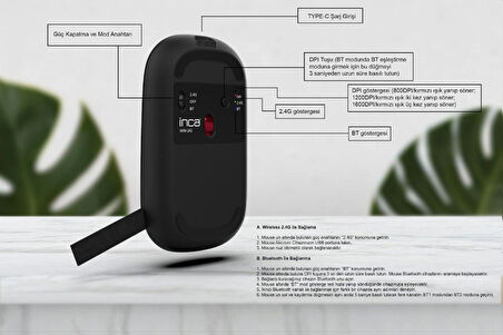 Inca IWM-242S Double Mod Bluetooth 5.4 + 2.4G Wireless Şarjlı Sessiz Mouse | 500mAh Batarya | 800/1200/1600 DPI | Sağ-Sol El Kullanımı | Manyetik Kapak | El Tipi Tasarım | LED Göstergeli | Type-C Şarj | Windows, Mac, Android Uyumlu