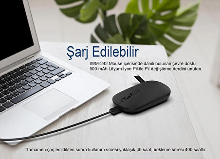 Inca IWM-242S Double Mod Bluetooth 5.4 + 2.4G Wireless Şarjlı Sessiz Mouse | 500mAh Batarya | 800/1200/1600 DPI | Sağ-Sol El Kullanımı | Manyetik Kapak | El Tipi Tasarım | LED Göstergeli | Type-C Şarj | Windows, Mac, Android Uyumlu